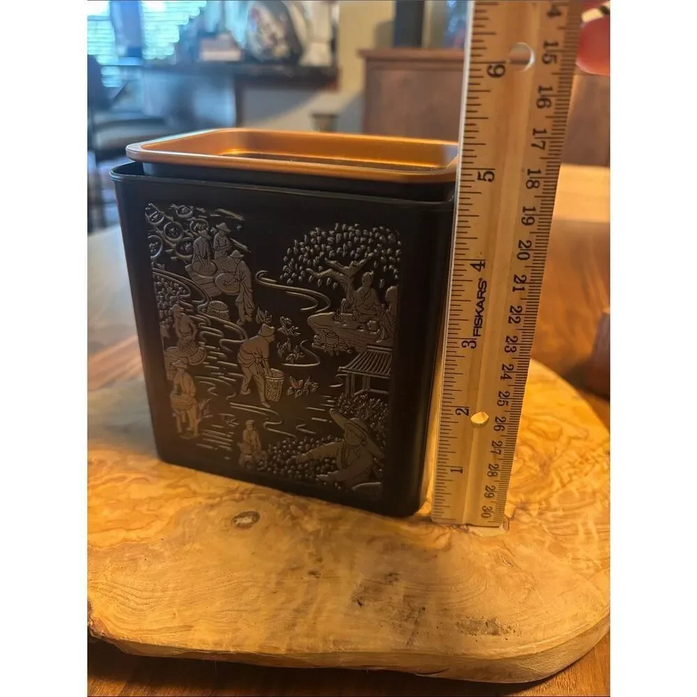 Black Decorative Asian-Inspired Tea Tin with Embossed Scene